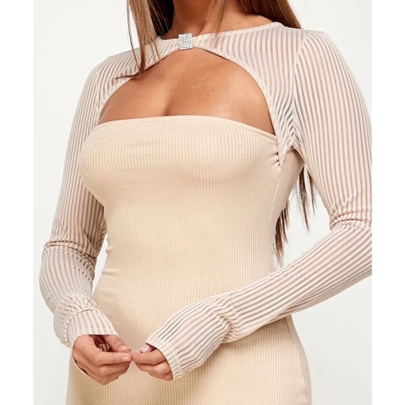 SOLD/Nude Mesh Sleeve Detail Dress with Diamond Brooch Ribbed Bodycon Dress - Picture 4 of 16